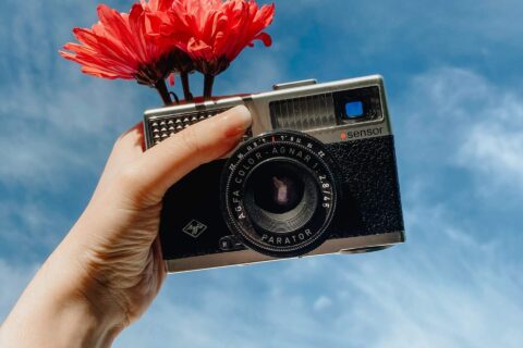 Photograph of hand with camera and flowers
